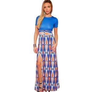 Chic Me Royal Blue & Orange Tribal Print Maxi/Long Dress Size Medium NWT
